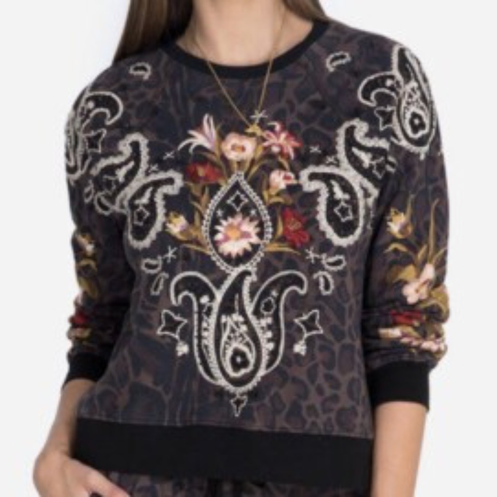 Johnny Was Leopard Print Embellished Sweatshirt